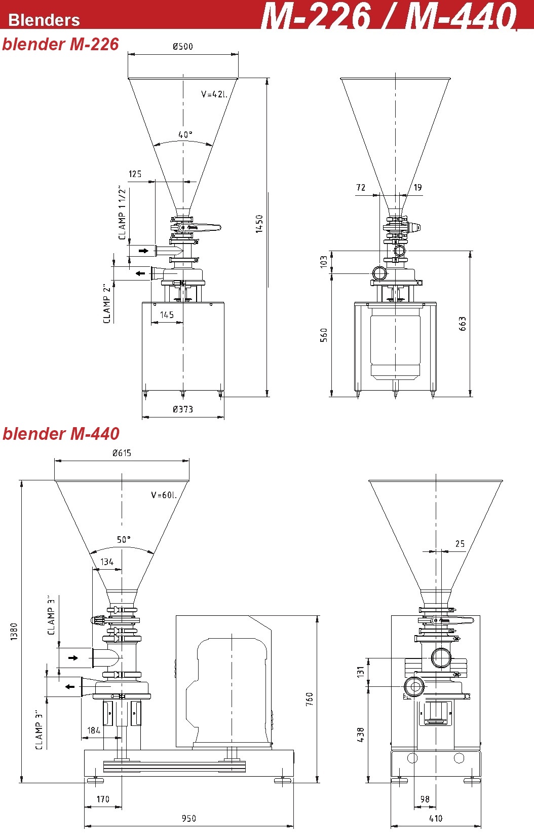 ابعاد مخلوطکن های M-226 و M-440 اینوکسپا inoxpa